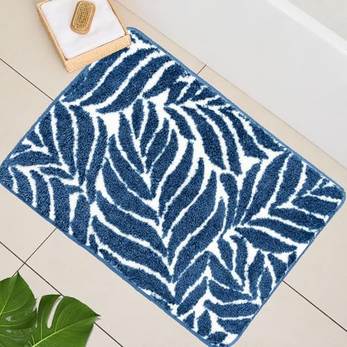 Blue Bathroom Rug - Blue Bath Mat Large Tropical Leaf Bath Rugs Non Slip Washable Bathrug for Bathroom Floor, Cute Plant Bathmat Absorbent Bath Mats Botanical Home Decor 24" x 36" - color: Dark Blue, size: 2' x 3' (Rectangular)