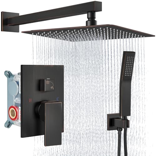 Aolemi Shower Faucet Set with Handheld Oil Rubbed Bronze 16 Inch Head | Pressure Balance Shower Valve and Trim Kit,SUS304 Rain Head and Handle System,All Metal,Wall Mount,Bathroom,Handheld Spray - color: Bronze, size: 16 Inch Wall Mount Shower Head