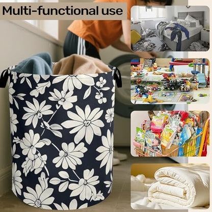 Black White Daisy Laundry Basket - Heavy Duty 60L Dirty Clothes Organizer, Water Resistant Foldable Hamper for Men Women - color: Black White Daisy