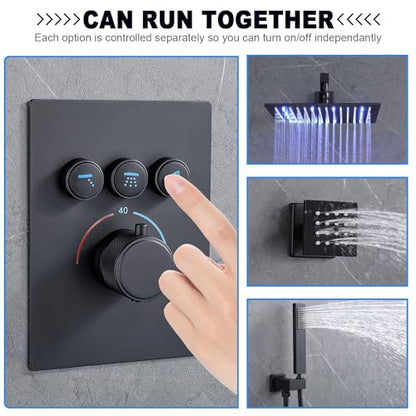 Enga Thermostatic Shower Jets System (Run All Features At Once), 12 Inch LED Rain Shower Wall Mounted with 6 Body Spray Jets and Handheld Shower, Contain Brass Thermostatic Shower Valve, Matte Black - color: Black, style: Wall Mount-6 Jets