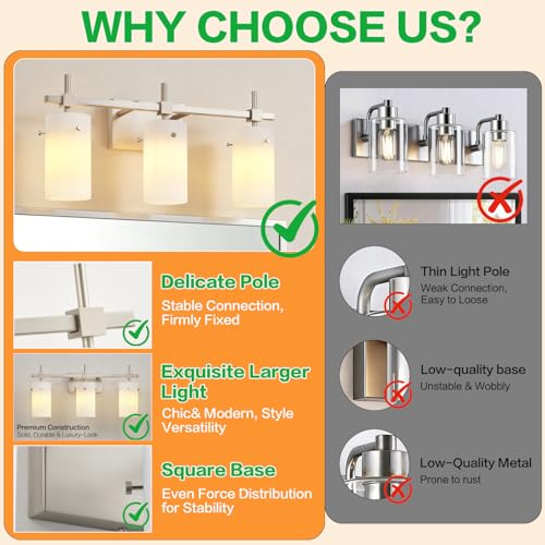 SOLFART Brushed Nickel Bathroom Light Fixtures, 3-Light Modern Vanity Light Over Mirror, Wall Sconces with Milky White Frosted Glass Shades, E26 Socket (Bulbs Not Included) - color: Brushed Nickel-Milky Globe, size: 3 Lights