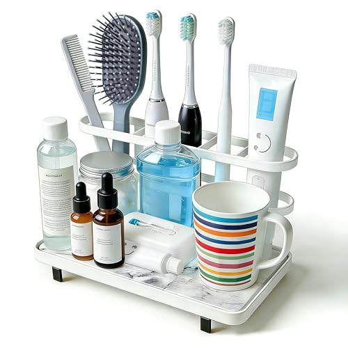 Diatomite Toothbrush Holders for Bathrooms, 5 Slots Electric Toothbrush Organizer with Instant Drying Stone, Toothpaste Holder and Storage for Countertop, Bathroom Counter Organizer White - color: White