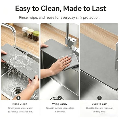 29"L x 5.5"W Customizable Grey Faucet Mat: Quick Dry Extra Absorbent Sink Mat & Bathroom Counter Protector - Freely Custom Cuttable with 2 or 3 Hole Faucet Design - Extra Long Splash Guard Pad