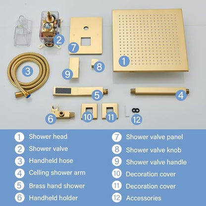 Polished Gold Shower System 12 Inch LED Square Rainfall Shower Head Ceiling Mount Shower Faucet Set with Hand Sprayer Rough-in Valve Trim Kit Bathroom Mixer Shower Combo Set - color: Gold, style: 12"-led