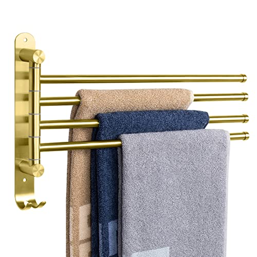 NearMoon Swivel Towel Rack, 13.8" Thicken 304 Stainless Steel 4-Arm Towel Bar, Space Saving Wall Mounted Towel Holder with Hook, Rustproof Swing Out Towel Hanger for Bathroom, Kitchen (Brushed Gold) - color: Brushed Gold, size: 13.8 Inch