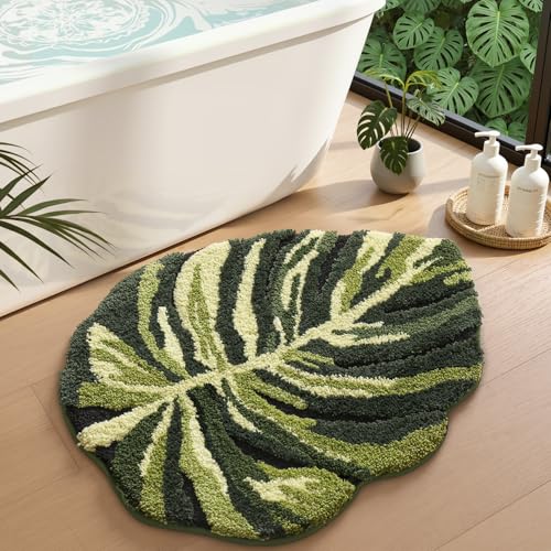 LUMI Cute Bathroom Rug Green Leaf, Absorbent Non Slip Bath Mat, 24"x32" | Dark Monstera Plant, Soft Plush Microfiber, Quick Dry, Washable for Shower Floor, Sink Bathtub, Bedroom, Kids Room - color: Dark Monstera