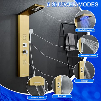 5-in-1 LED Shower Panel Tower System Stainless Steel Gold | Rainfall head | 2 massage jets | Handheld shower | Tub spout | LED lights | Wall mount - color: Gold