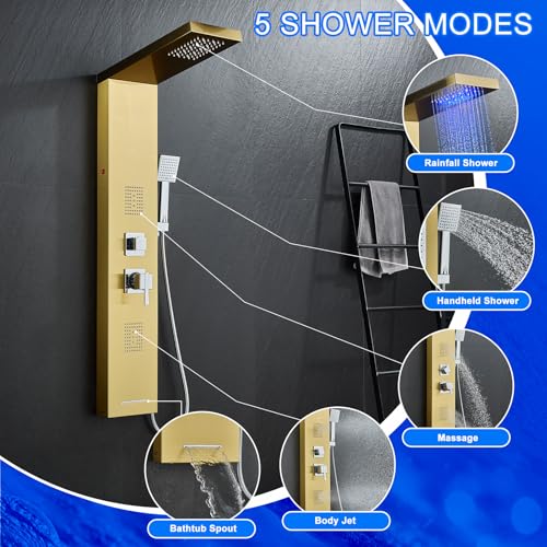 5-in-1 LED Shower Panel Tower System Stainless Steel Gold | Rainfall head | 2 massage jets | Handheld shower | Tub spout | LED lights | Wall mount - color: Gold