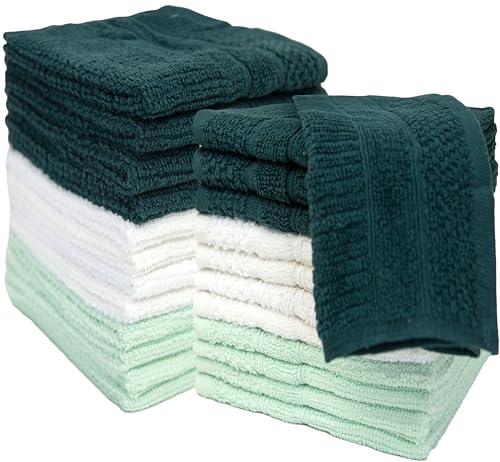 PH Pleasant Home Ribbed Wash Cloths Set - 12 Pack (12” x 12”) – 509 GSM - 100% Ring Spun Cotton Wash Cloth - Super Soft and Highly Absorbent Face Towels (Green, White, Mint) - color: Green, White & Mint, style: Ribbed