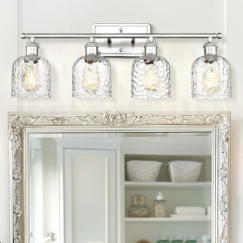 zeyu 27 Inch 4-Light Bathroom Wall Light, Brushed Nickel, ZJF63B-4W BN | Clear Hammered Glass Shade, Over Mirror Vanity Light, Modern Bathroom Lighting - color: Brushed Nickel|Hammered Glass, size: 4-Light