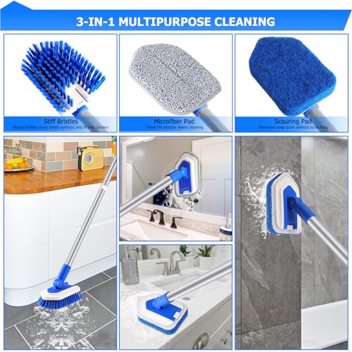 Bathtub Cleaning Brush Long Handle, Shower Bathroom Cleaner Brush Scrubber | 3 Different Detachable Scrub Brush Replacement Head for Scrubing Bathroom Floors, Tubs, Tiles, and Kitchen Walls - color: Blue