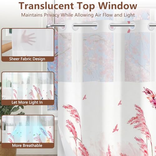 Hook Free Shower Curtain with Liner, Hotel Style Double-Layer Waterproof Pink Shower Curtain with Breathable Vent Window and Weighted Hem, Farmhouse Pastel Reed Bath Curtain, 71x74 Inches - color: Heron in Reed