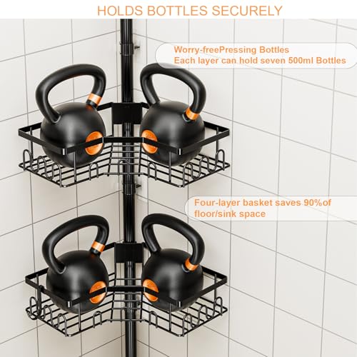 Corner Shower Caddy Tension Pole - 4-Tier Shower Corner Shelf for Bathtub Bathroom Shower Organizer - Adjustable 34in-120in, Space Saving Bathtub Accessory Shelves, Black