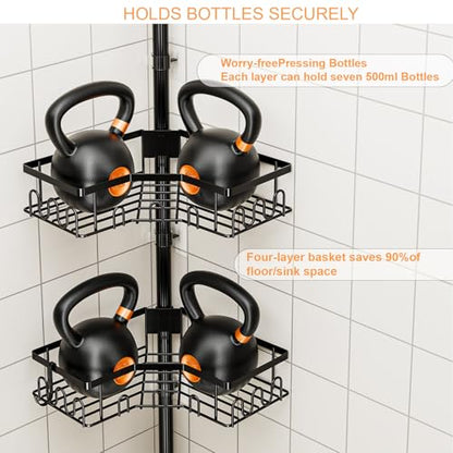 Corner Shower Caddy Tension Pole - 4-Tier Shower Corner Shelf for Bathtub Bathroom Shower Organizer - Adjustable 34in-120in, Space Saving Bathtub Accessory Shelves, Black