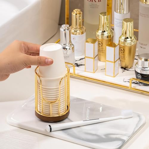 Bathroom Cup Dispenser with Acacia Wood Stand - Essential Bathroom Accessories for Toothbrush Holders & Mouthwash Cup Dispenser on Vanity Countertops Golden - color: 1 Pack Golden