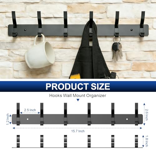 Wall Mounted Coat Rack, 6 Hooks for Hanging Clothes, Black, 2-Pack | Heavy duty rustproof hanger rail for backpacks hats towels, wall hook storage organizer for entryway bathroom mudroom purse