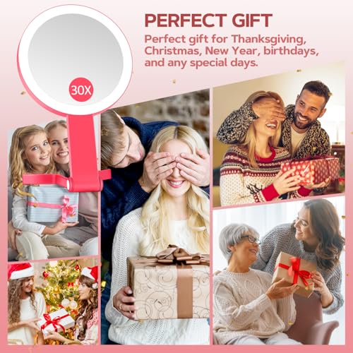 MIYADIVA Lighted Makeup Mirror, 30X Magnifying Mirror with Light, Hanging and Handheld Mirror with Handle, Red - color: Red