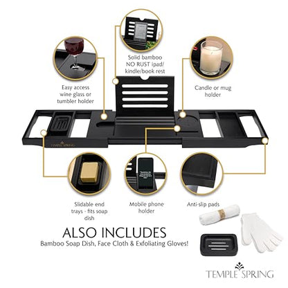 Bamboo Bathtub Tray Caddy for Tub — Expandable Wood Bath Tray with Solid Book Stand Wine Holder and Non-Slip Pads — Includes Bamboo Soap Dish and Spa Accessories — Luxury Bath Gift Set - color: Black