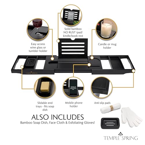 Bamboo Bathtub Tray Caddy for Tub — Expandable Wood Bath Tray with Solid Book Stand Wine Holder and Non-Slip Pads — Includes Bamboo Soap Dish and Spa Accessories — Luxury Bath Gift Set - color: Black