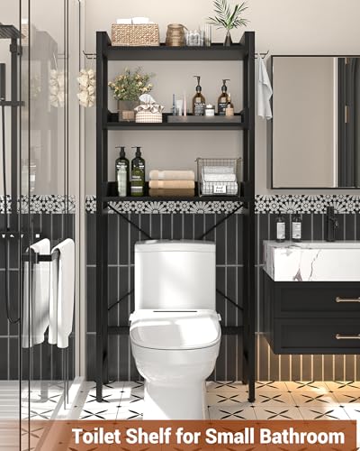 Ecoprsio Over-The-Toilet Storage Rack, 3-Tier Bathroom Organizer Shelf Over Toilet, Freestanding Space Saver Toilet Stands with 4 Hooks, Black - color: Black