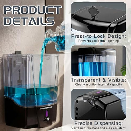 4 Pack Automatic Soap Dispenser Touchless 600 ml / 20 oz Wall Mount Hand Sanitizer Dispenser Sensor Hand Soap Pump for Commercial Place Bathroom Offices Home Kitchen Hotel(Black) - color: Black