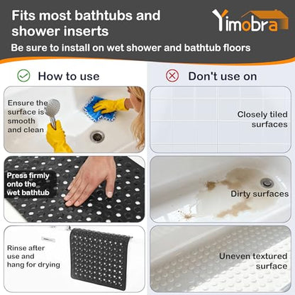 Yimobra Bathtub Mat Non Slip, 27.5"X15.5" Machine Washable Shower Floor Mat, Soft on Feet, Bathmat with Drain Holes and Suction Cups, Bathroom Essentials, Black - color: Black, size: 27.5 X 15.5 Inch