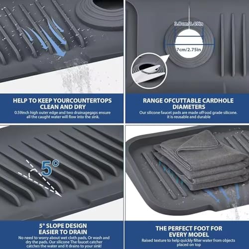 24 inch Faucet Mat for Kitchen Sink Splash Guard, 7° Slope Silicone Sink Water Splash Guard for Kitchen Sink Area with Snap Button, Longer Sink Protectors for kitchen Sink Sponge Holder, (Black )