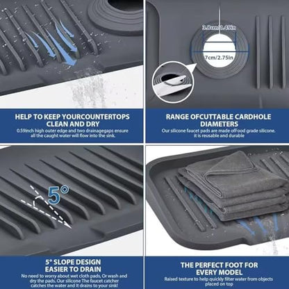 24 inch Faucet Mat for Kitchen Sink Splash Guard, 7° Slope Silicone Sink Water Splash Guard for Kitchen Sink Area with Snap Button, Longer Sink Protectors for kitchen Sink Sponge Holder, (Black )