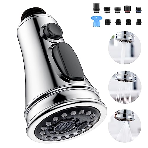 Kitchen Faucet Spray Head Replacement with 15 Adapters, 3-Function, Chrome | Pull Down Faucet Sprayer Head, Easy to Install, Compatible with Delta Moen Kohler, 3 Modes, for Kitchen Sink Faucet - color: Chrome