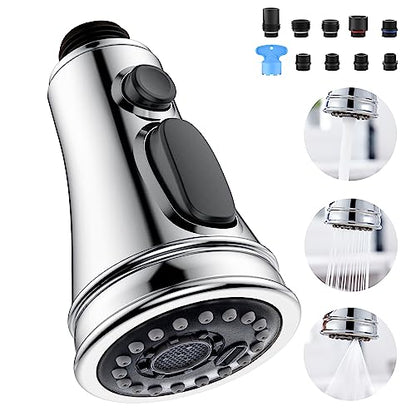 Kitchen Faucet Spray Head Replacement with 15 Adapters, 3-Function, Chrome | Pull Down Faucet Sprayer Head, Easy to Install, Compatible with Delta Moen Kohler, 3 Modes, for Kitchen Sink Faucet - color: Chrome