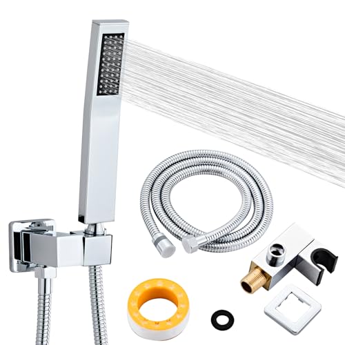 Bathroom Square Chrome Solid Brass Hand Held Shower Head With Wall Connector and Hose System Wall Mount Handheld Showerheads Set - color: Chrome