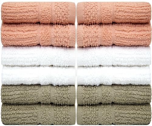 PH Pleasant Home Ribbed Wash Cloths Set - 12 Pack (12” x 12”) – 509 GSM - 100% Ring Spun Cotton Wash Cloth - Super Soft and Highly Absorbent Face Towels (Blush,White & Tan) - color: Blush, White & Tan, style: Ribbed