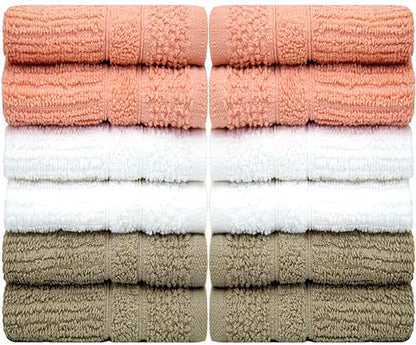 PH Pleasant Home Ribbed Wash Cloths Set - 12 Pack (12” x 12”) – 509 GSM - 100% Ring Spun Cotton Wash Cloth - Super Soft and Highly Absorbent Face Towels (Blush,White & Tan) - color: Blush, White & Tan, style: Ribbed
