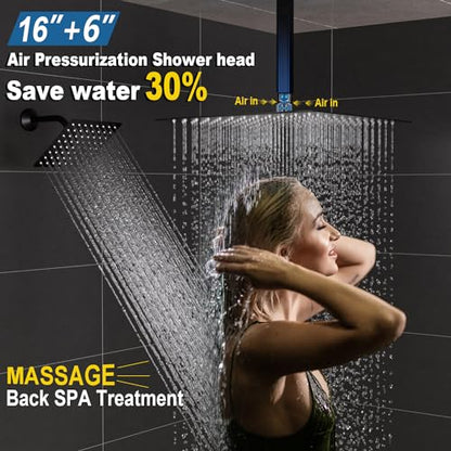 Enga Thermostatic Dual Shower Heads System, 16" + 6" Dual Rain Shower System (Can All Run Together & Volume Adjustable) Dual Shower Head Combo Set, Matte Black - color: Matte Black, style: ‎16"+6" Head