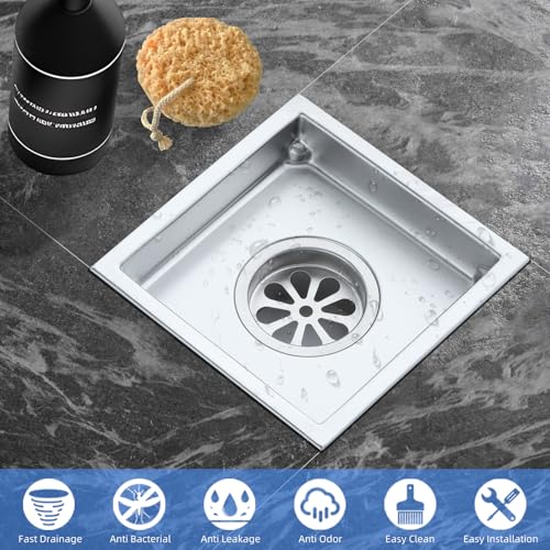 Square Shower Drain 4-Inch. with ABS Flange, Removable Grille,Bathroom Brushed Stainless Steel Shower Floor Drain - color: 4-inch Brushed