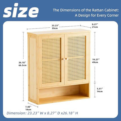 HITNET Rattan Hanging Bathroom Cabinet, Wall Mounted Bamboo Bathroom Cabinet with Double Doors and Adjustable Shelves, Storage Over the Toilet for Kitchen, Living Room, Laundry Room, Natural - color: Natural
