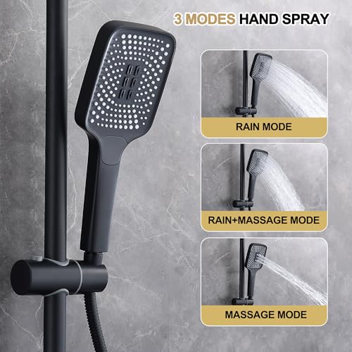 Shower Systems with 12 x8 Inches Rain Shower Head, Matte Black Exposed Pipe Shower System,3 Functions Tub Shower Faucet Sets,Overhead Shower System with Handheld - color: A- Matte Black with Square Shower Head