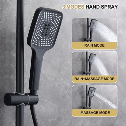 Shower Systems with 12 x8 Inches Rain Shower Head, Matte Black Exposed Pipe Shower System,3 Functions Tub Shower Faucet Sets,Overhead Shower System with Handheld - color: A- Matte Black with Square Shower Head