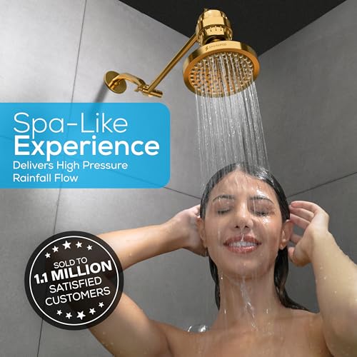 SparkPod Rain Shower Head, 6 Inch Round, Egyptian Gold Finish | High Pressure Shower Heads, 90 Nozzles, Adjustable Showerhead, No Tools Needed, Universal Connection - color: Egyptian Gold, style: 6 Inch Round