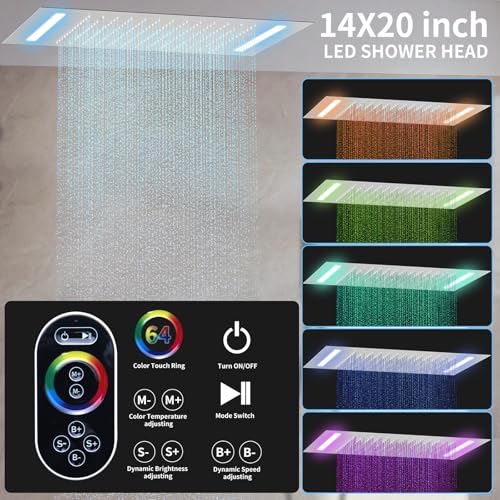 Shower Faucet Set Ceiling 20x14 inch LED Shower Head, Temperature Display Thermostatic Shower Valve, and Two 8-inch Wall Mounted Shower Heads Handheld Combination (Brushed Nickel) - color: Brushed Nickel