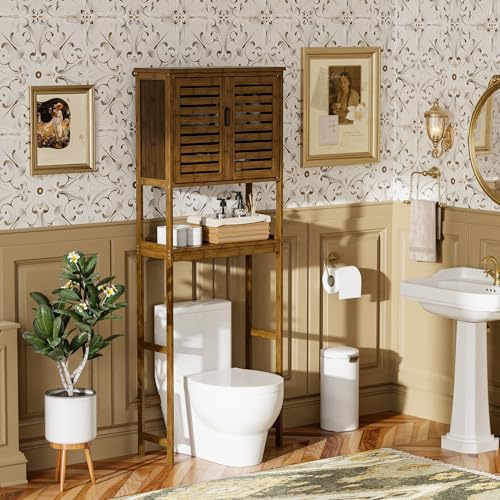 SMIBUY Bathroom Storage Shelf with Cabinet, Bamboo Over-The-Toilet Organizer Rack, Freestanding Toilet Space Saver with 3-Tier Adjustable Shelves (Walnut) - color: Walnut