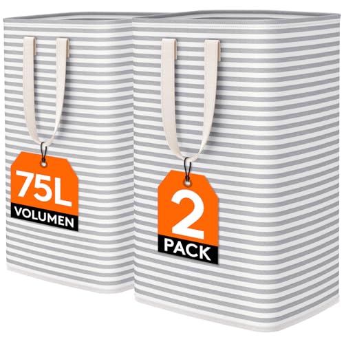 Lifewit 2 Packs Freestanding Clothes Hamper with Carry Handles, Large Tall Laundry Basket for Organization for Adults in Laundry Room Dorm Bedroom, Gray, 2 x 75L - color: Grey, size: 75L