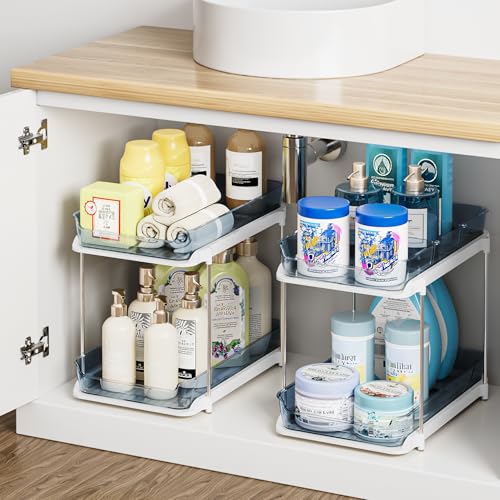 Delamu 2-Tier Multi-Purpose Bathroom Under Sink Organizers and Storage, Stackable Kitchen Pantry Organization, Pull Out Medicine Cabinet Organizer with Movable Dividers, Blue, 2 Pack - color: Blue, size: 2 Pack