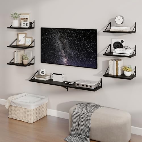 Deep Floating Shelves, 16'' x 10'' Black Wall Shelves Set of 2 | 10 Inch Deep Shelves with Heavy Duty Brackets, Rustic Wood Shelves for Bathroom Living Room, Engineered Wood, 35LBS - color: Black, size: 16W x 10D