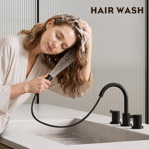 Pull Out Sprayer Matte Black 8 Inch Bathroom Sink Faucet, Widespread 2 Handles 3 Hole Pull Down Bathroom Faucet, with Pop Up Drain and Water Supply Line, BF04022-K01-MB - color: Matte Black