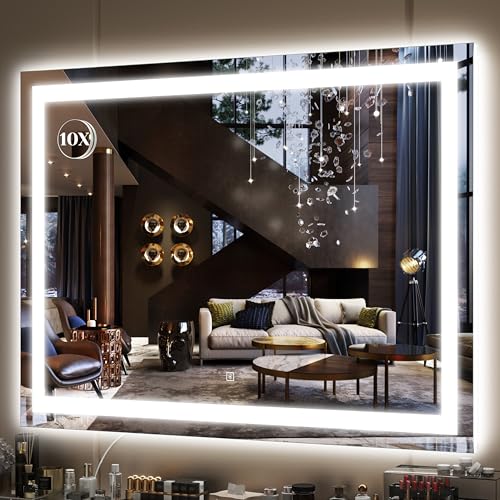 FENNIO Large Vanity Mirror with Lights，38" x 28" LED Makeup Mirror，Hollywood Mirror with 3 Color Modes & Adjustable Brightness，Vanity Mirror Square White - color: White, size: 38"L x 28"W