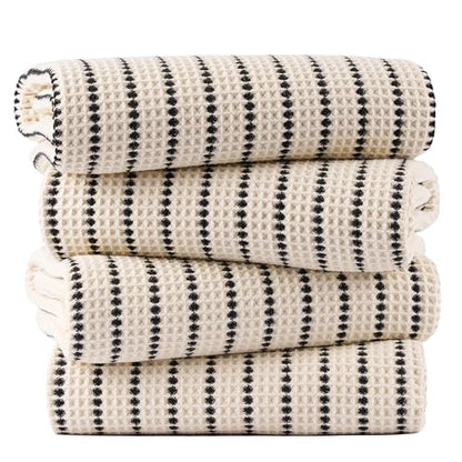 POLYTE 430 GSM Poly Blend Microfiber Quick Dry Waffle Bath Towel, 30x60 in | 4 Pack, Oversize, Lint Free, Body Towel - color: Light Beige/Black