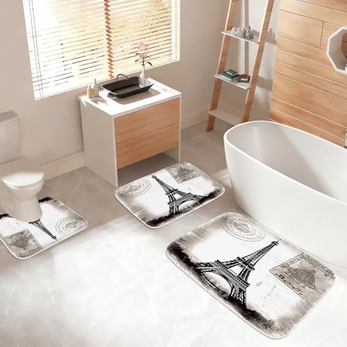 Paris Eiffel Tower France City of Love Bathroom Rugs and Mats Sets 3 Piece, Memory Foam Bath Mat, U-Shaped Contour Shower Mat Non Slip Absorbent, Velvet Washable 20 x 31 inches - color: Color12