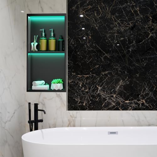 Vercraft 24'' x 12'' LED Light Stainless Steel Shower Niche with RGB Colorful Remote Control Matte Black No Tile Needed Wall Niche Insert Recessed Double Shelves for Bathroom Storage