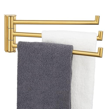Aomasi Brushed Gold Swivel Towel Bar with Multi 3 Arms, 304 Stainless Steel | Rust-resistant Pivoting Drying Rack for Bathroom Kitchen RV, 180° Swing Arms, Hold Multiple Towels, Space-saving Wall Mounted - color: Brushed Gold